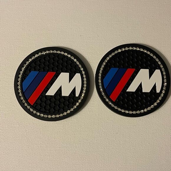 BMW Motorsports Logo Cup Holder Coasters Black with Bling set of 2 NWT - Picture 1 of 4